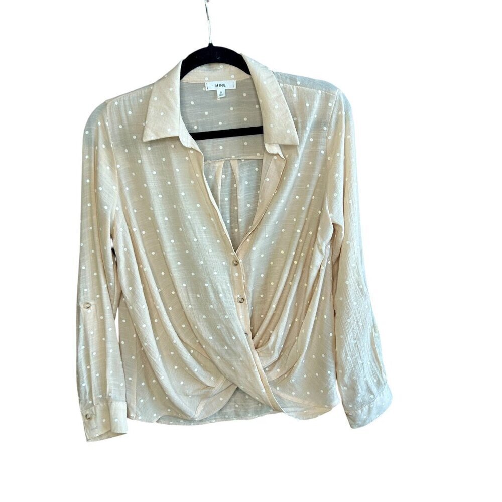 Mine Coastal Beige White Polka Dot Twist Wrap Front Blouse Size Small